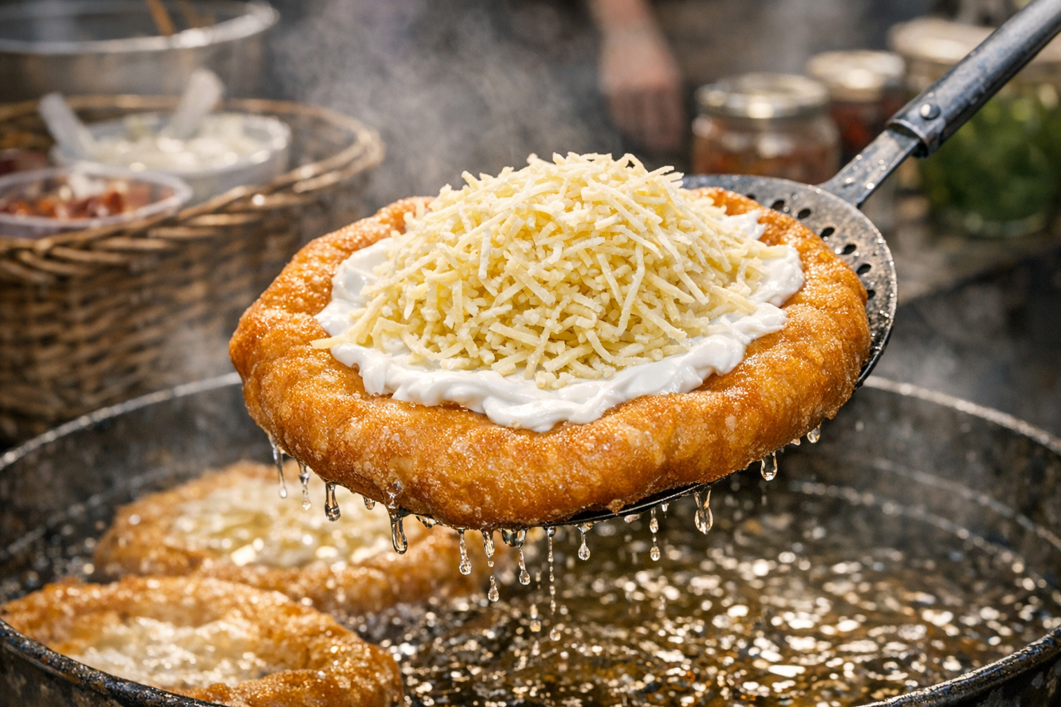 Langos with sour cream and cheese