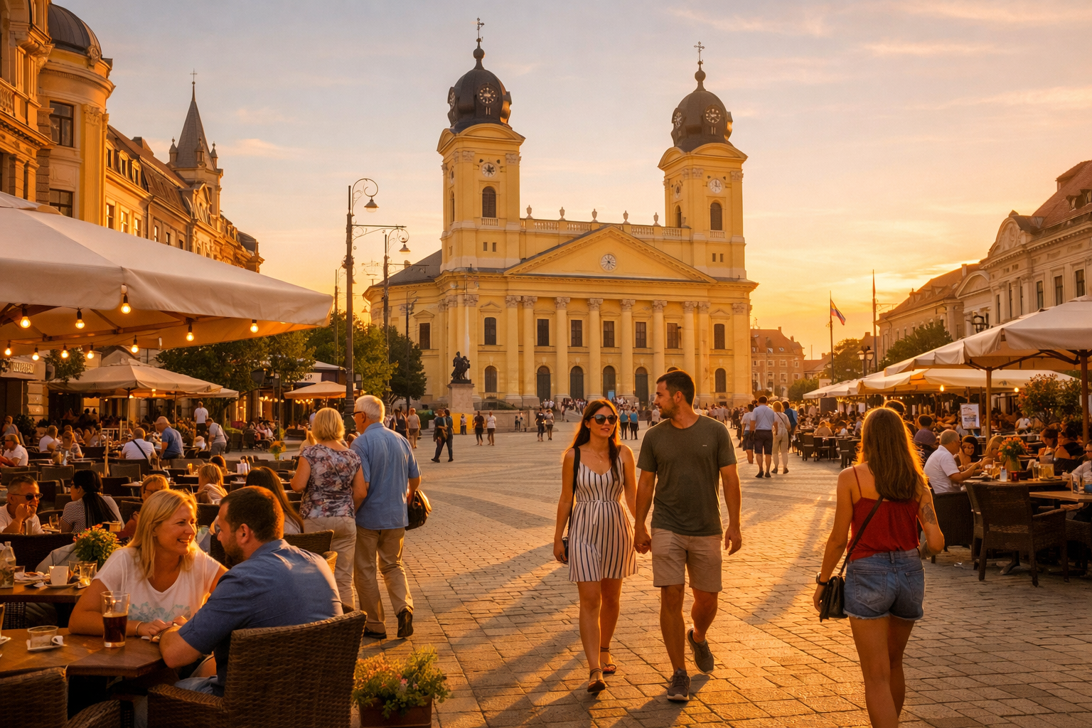 Kossuth tér in Debrecen on a sunny afternoon