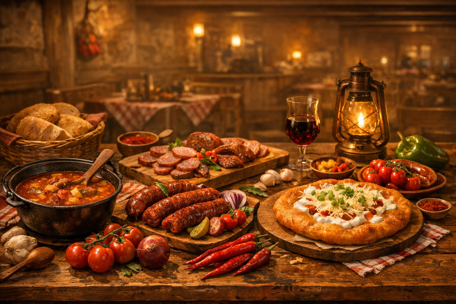 Hungarian food spread — gulyás, lángos, kürtőskalács