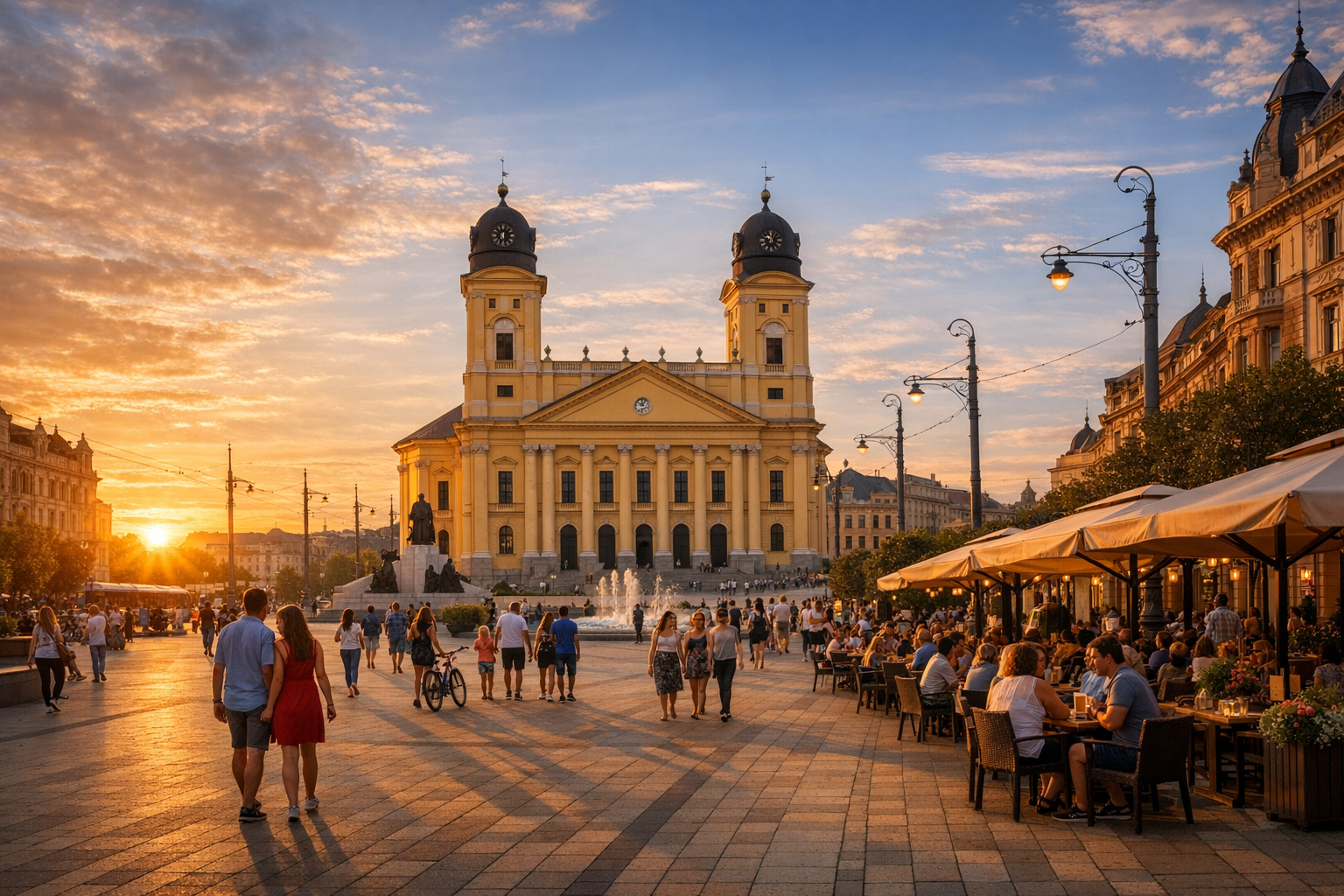 Debrecen Kossuth tér at golden hour with tram passing
