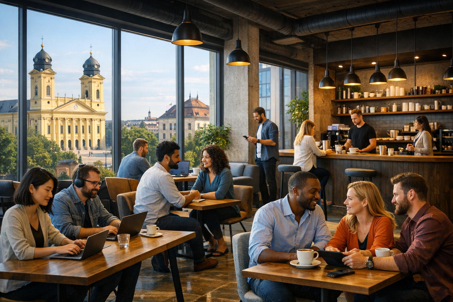 Remote worker at a coworking desk in Debrecen