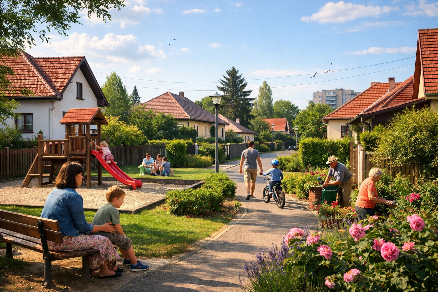 Quiet residential street with gardens